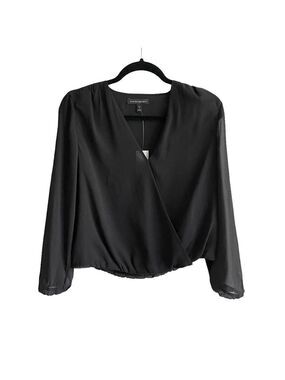 BANANA REPUBLIC Faux Wrap Cropped Long Sleeve Blouse Black XS